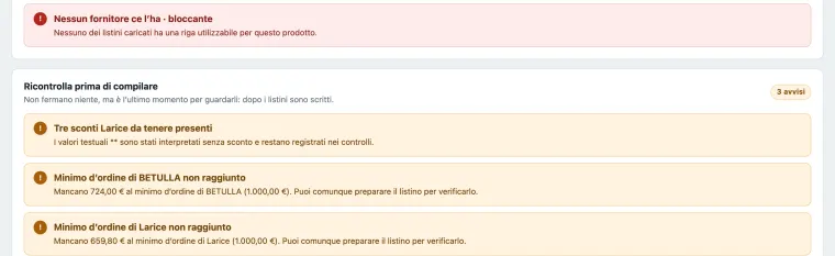 Gli avvisi dello strumento prima di compilare: sconti da tenere presenti e minimo d'ordine non raggiunto per due fornitori.